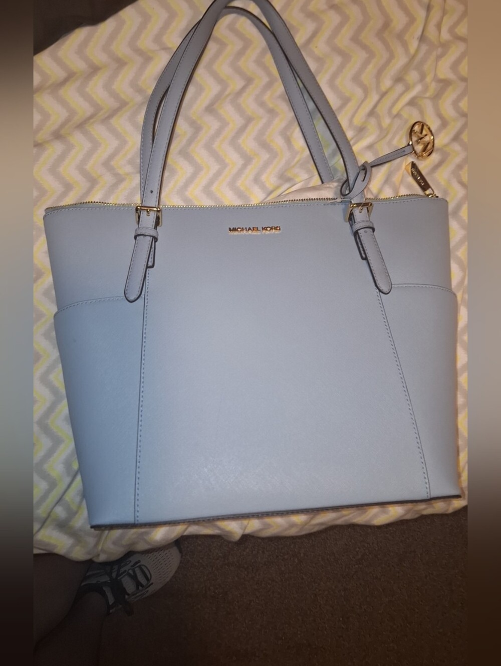 Michael Kors Powder Blue Leather Tote with Gold Accents